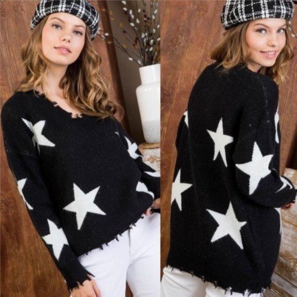 Sweaters - STAR PRINT SWEATER DISTRESSED HEM - BLACK